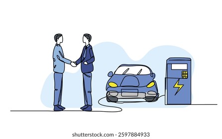 Vector illustration of businessman shaking hand near electric car charging station. Modern flat in continuous line style.
