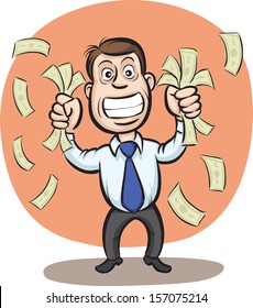 Vector illustration of Businessman shaking money banknotes. Easy-edit layered vector EPS10 file scalable to any size without quality loss. High resolution raster JPG file is included.