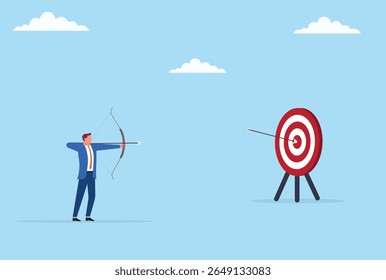 Vector illustration of a businessman shooting an arrow at a target, symbolizing focus, determination, and precision in aiming for professional goals and success
