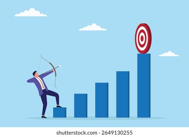 Vector illustration of a businessman shooting arrows at a target atop a bar graph, representing strategic focus, goal achievement, and precision in business growth and success
