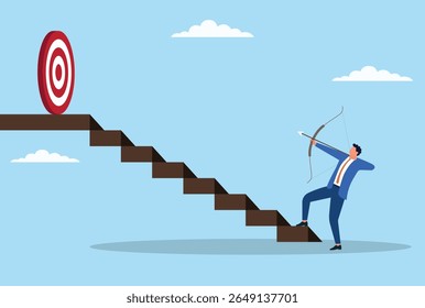 Vector illustration of a businessman shooting arrows at a target atop stairs, symbolizing strategic focus, gradual progress, and determination to reach business success step by step
