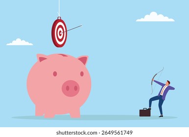 Vector illustration of a businessman shooting arrows at a target atop a piggy bank, symbolizing focused financial goals, investment strategy, precision, and wealth growth
