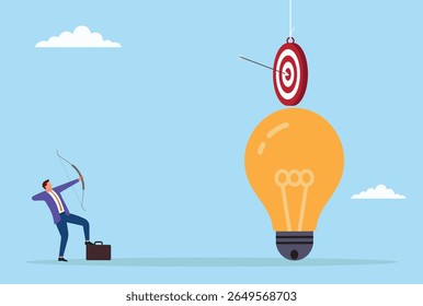 Ilustração vetorial de um homem de negócios atirando flechas em um alvo em cima de uma lâmpada elétrica, simbolizando foco estratégico, pensamento inovador e visando ideias e soluções inovadoras
