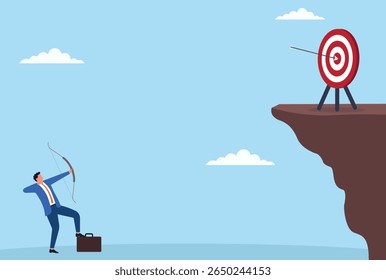 Vector illustration of a businessman shooting arrows at a target atop a mountain, symbolizing ambition, goal setting, determination, and strategic pursuit of success
