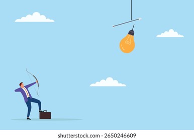 Ilustração vetorial de um homem de negócios atirando flechas em uma lâmpada, simbolizando a busca de inovação, ideias desafiadoras e visando soluções inovadoras
