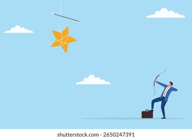 Vector illustration of a businessman shooting arrows at a star sign, representing ambition, vision, and the determined pursuit of excellence, dreams, and ultimate success
