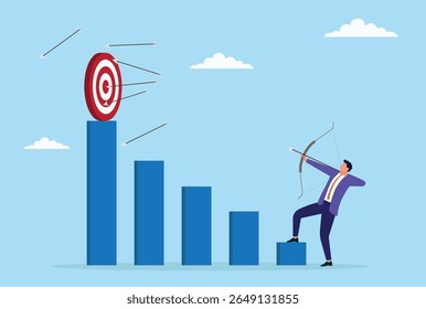 Ilustração vetorial de um homem de negócios disparando várias setas em um alvo acima de um gráfico de barras, representando incansável esforço, precisão e determinação para atingir objetivos de negócios

