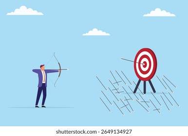 Ilustração vetorial de um homem de negócios disparando várias setas em um alvo, simbolizando persistência, esforço estratégico e determinação para atingir metas de negócios com foco e precisão
