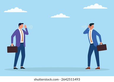 Vector illustration of a businessman shouting loudly while another businessman tries hard to listen, illustrating challenges in communication and the effort to be understood in business
