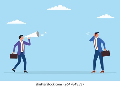 Vector illustration of a businessman shouting through a megaphone while another listens from a distance, depicting business communication, leadership, and message outreach
