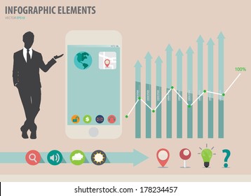 Vector illustration of businessman showing touchscreen device with colorful infographics paper template.