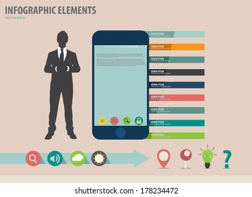 Ilustración vectorial de un empresario que muestra un dispositivo de pantalla táctil con una plantilla de papel de infografía colorida.