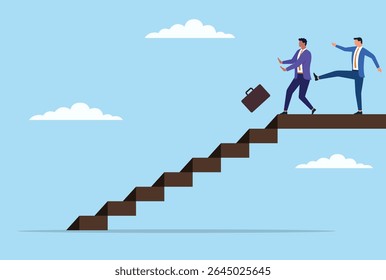 Ilustração vetorial de um homem de negócios mostrado chutando outro homem de negócios das escadas, representando uma ambição implacável, traição e competição cruel no local de trabalho
