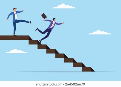 Vector illustration of a businessman shown kicking another businessman from the stairs, representing ruthless ambition, betrayal, and cutthroat competition in the workplace

