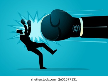 Ilustração vetorial de um homem de negócios em silhueta sendo poderosamente socado por uma luva de boxe gigante. Simboliza competição agressiva, falha nos negócios ou jogo de soma zero.