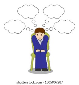 vector illustration of a businessman sit on chair and he have stress and anxiety emotion with 4 empty bubble text