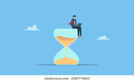 Vector illustration of businessman sit on hourglass with laptop symbolizes time management, deadline, organizing efficient business process.