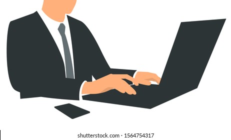 Vector illustration of a businessman sits in the office and works at a laptop. Poster with text placeholder and description - Powered by Shutterstock - Get 15% off with code: PIKWIZARD15