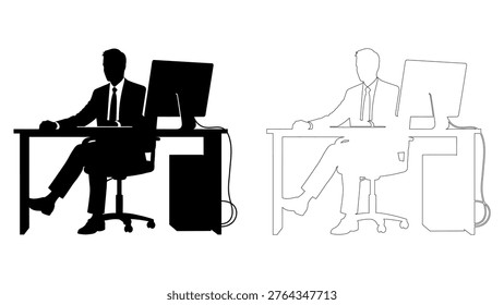 A vector illustration of a businessman sitting at a desk with a computer in both silhouette and outline styles on a white background, depicting office work and professionalism.