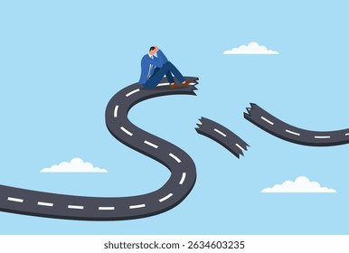 Vector illustration of a businessman sitting in despair at the end of a broken road, symbolizing career failure and facing unexpected obstacles on the journey to success

