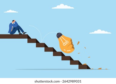 Ilustração vetorial de um homem de negócios sentado em desespero enquanto uma lâmpada elétrica cai pelas escadas e quebra, simbolizando ideias perdidas, inovação fracassada e momentos de frustração profissional
