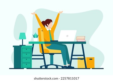 Vector illustration of a businessman sitting at his desk with his hands up.