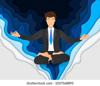Vector illustration of businessman sitting in lotus pose. Meditating office worker on dreamy background. Paper art cartoon abstract waves in realistic trendy craft style. Abstract geometry