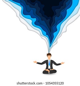 Vector illustration of businessman sitting in lotus pose. Meditating office worker on dreamy mandala background. Paper art cartoon abstract waves in realistic trendy craft style. Abstract geometry