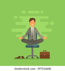 Vector illustration of businessman sitting in lotus pose. Meditating office worker on greenery trendy color 2017 background. Corporate yoga illustration in flat vector style.