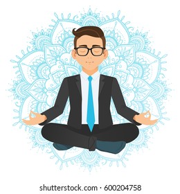 Vector illustration of businessman sitting in lotus pose. Meditating office worker on dreamy mandala background. Corporate yoga illustration.