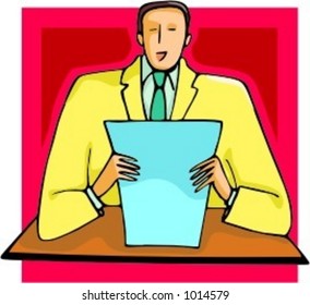 A vector illustration of a businessman, sitting on a desk and reading a presentation.