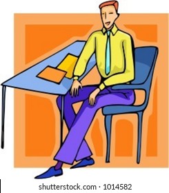 A vector illustration of a businessman, sitting on a desk.