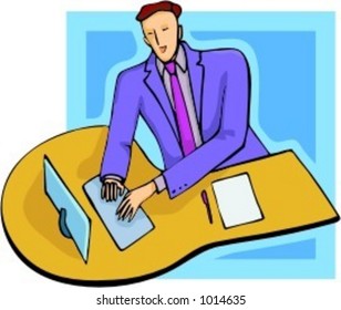 A vector illustration of a businessman, sitting on a desk and working with a computer.