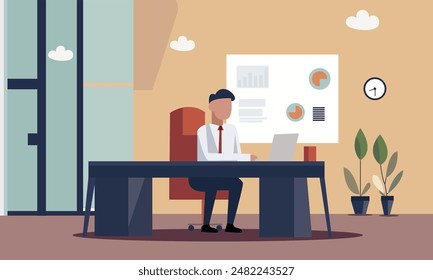 Vector Illustration of a Businessman sitting on a chair using a laptop on the table, flat style