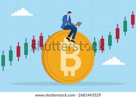 Vector illustration of a businessman sitting on a Bitcoin, using a laptop to analyze the stock market, symbolizing cryptocurrency trading, finance, and investment strategy
