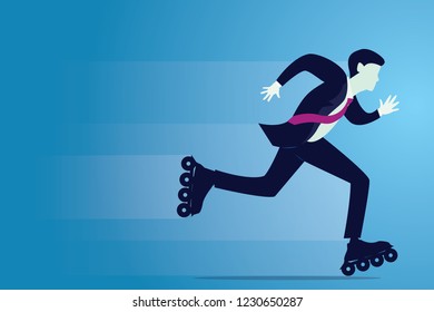 Vector illustration of businessman skating with roller skates, fast business innovation concept