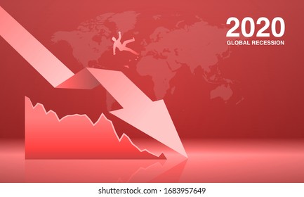 vector Illustration of businessman slipped and falls by red arrow as a sign of the economy crisis, impact of the coronavirus outbreak. global recession of stock prices plummted

