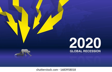 vector Illustration of businessman slipped and falls by red arrow as a sign of the economy crisis, impact of the coronavirus outbreak. global recession of stock prices plummted

