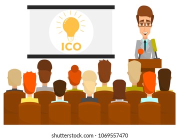 Vector illustration of businessman speaker giving presentation of ico to audience using microphone and visual aids. Business conference meeting concept. Flat style design.