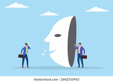 Vector illustration of a businessman speaking behind a scam mask while another businessman tries to listen, symbolizing deception, distrust, and hidden motives in business communication
