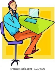 A vector illustration of a businessman, speaking on a mobile phone and working with a computer.