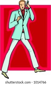 A vector illustration of a businessman, speaking on a mobile phone.