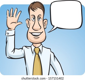Vector illustration of businessman with speech bubble greeting. Easy-edit layered vector EPS10 file scalable to any size without quality loss. High resolution raster JPG file is included.