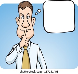 Vector illustration of businessman with speech bubble finger on lips. Easy-edit layered vector EPS10 file scalable to any size without quality loss. High resolution raster JPG file is included.