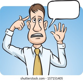 Vector illustration of businessman with speech_bubble pointing at head. Easy-edit layered vector EPS10 file scalable to any size without quality loss. High resolution raster JPG file is included.
