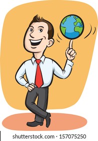 Vector illustration of Businessman spinning globe on finger. Easy-edit layered vector EPS10 file scalable to any size without quality loss. High resolution raster JPG file is included.
