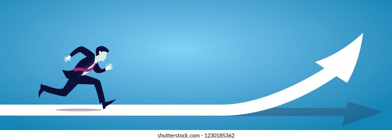 Vector illustration of businessman spint running on direction arrow symbol, fast business reaching target concept