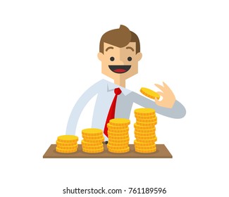 Vector illustration of Vector of businessman stacking gold coins, making a coin bar chart