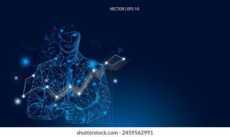 Ilustración vectorial. Un hombre de negocios de pie con manos de aprendiz, con un traje y rodeado de gráficos en alza. Abstractas bajo poli moderno fondo