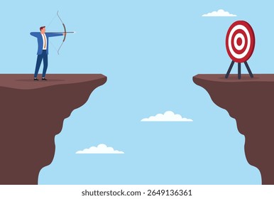 Ilustração vetorial de um homem de negócios em pé no topo de uma montanha, com o objetivo de atingir um alvo do outro lado, simbolizando ambição, foco e superação de desafios para alcançar o sucesso
